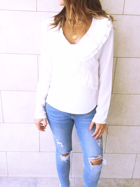 White Ruffle Detail Top