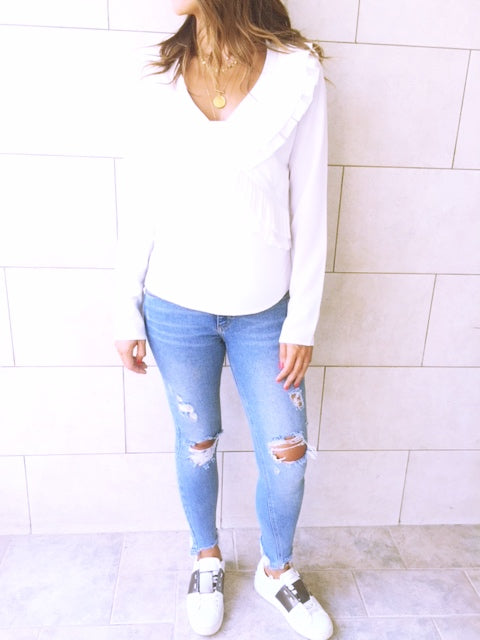 White Ruffle Detail Top