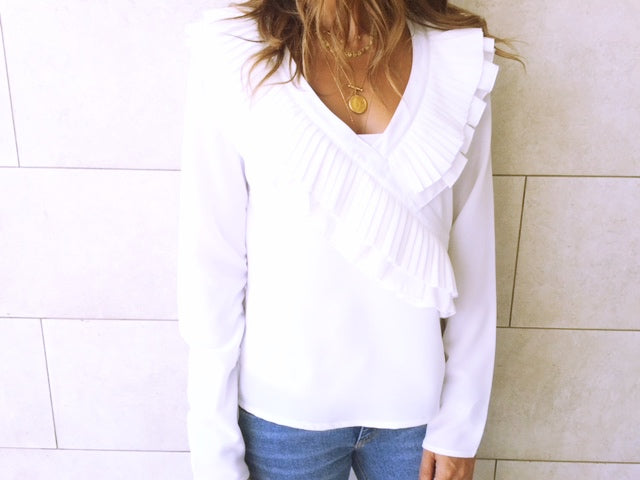 White Ruffle Detail Top