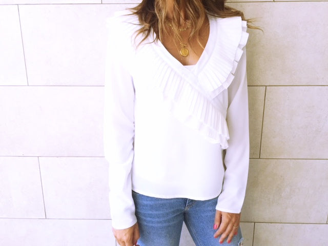 White Ruffle Detail Top