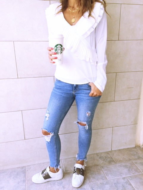 White Ruffle Detail Top