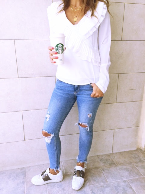 White Ruffle Detail Top