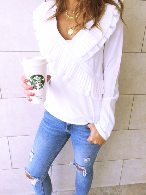 White Ruffle Detail Top