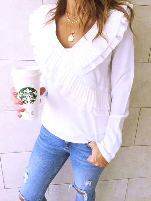White Ruffle Detail Top