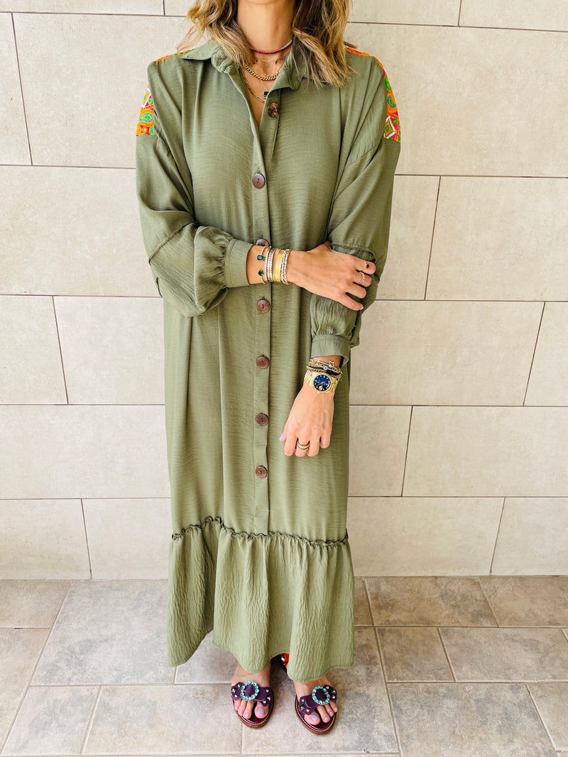 Olive Embellished Back Smock Dress