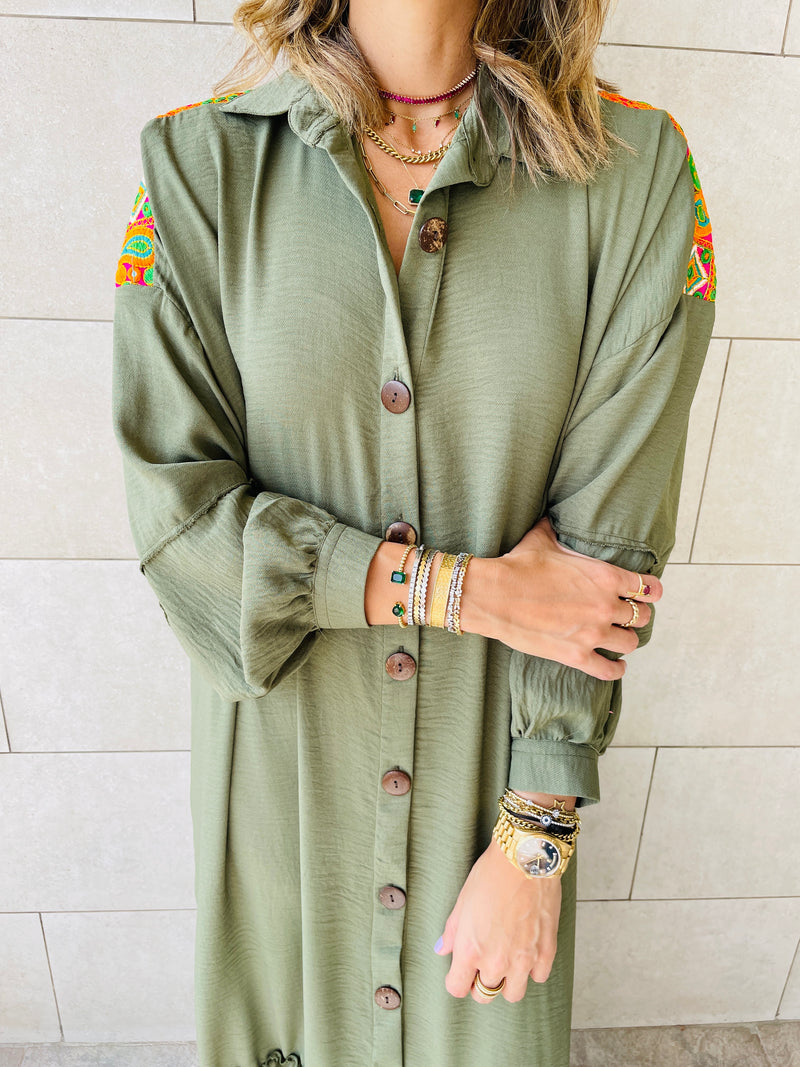 Olive Embellished Back Smock Dress
