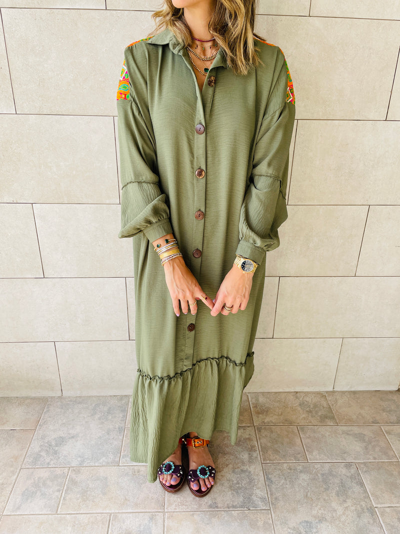 Olive Embellished Back Smock Dress