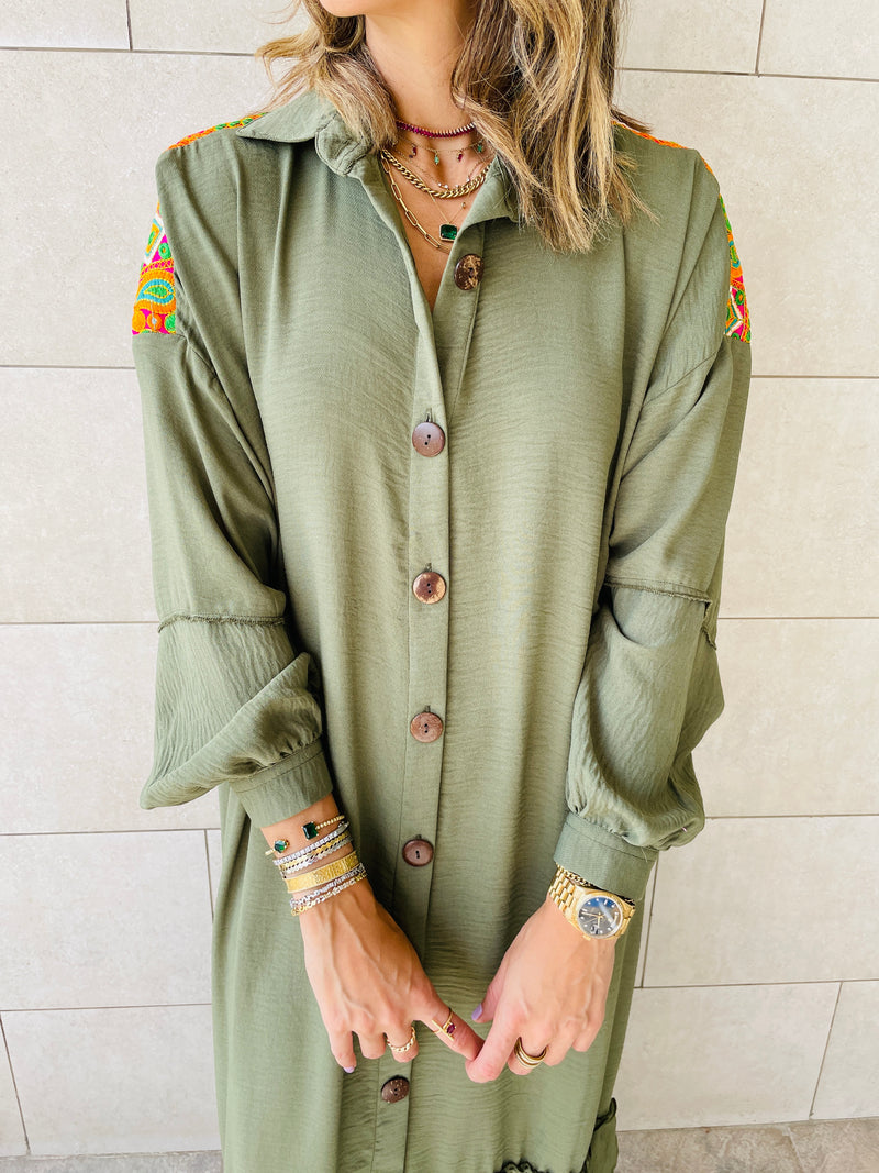 Olive Embellished Back Smock Dress