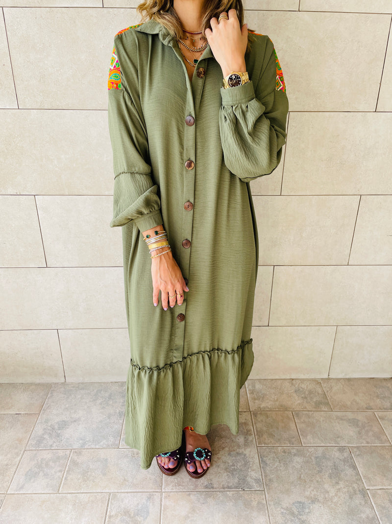 Olive Embellished Back Smock Dress