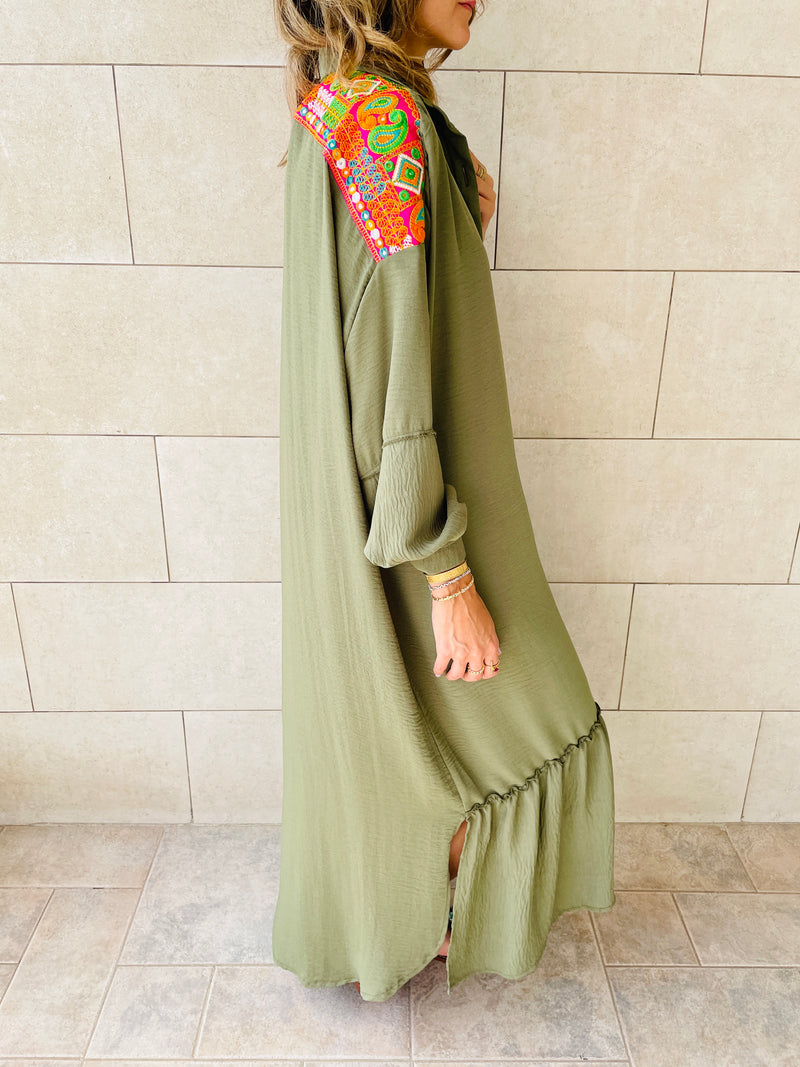 Olive Embellished Back Smock Dress