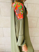 Olive Embellished Back Smock Dress