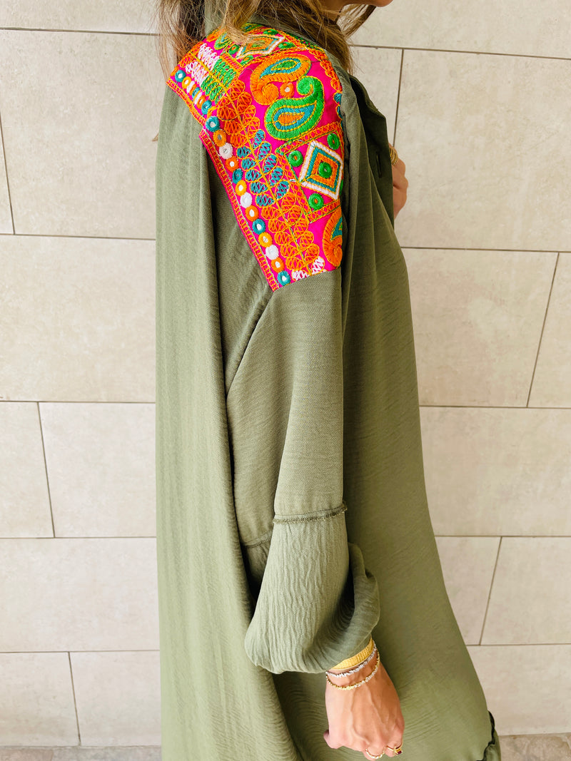 Olive Embellished Back Smock Dress