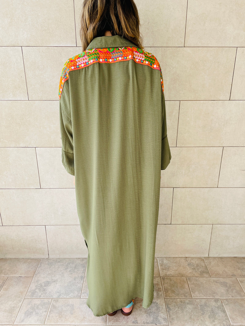 Olive Embellished Back Smock Dress