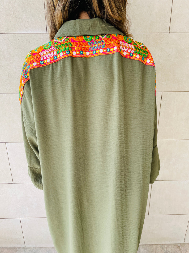 Olive Embellished Back Smock Dress