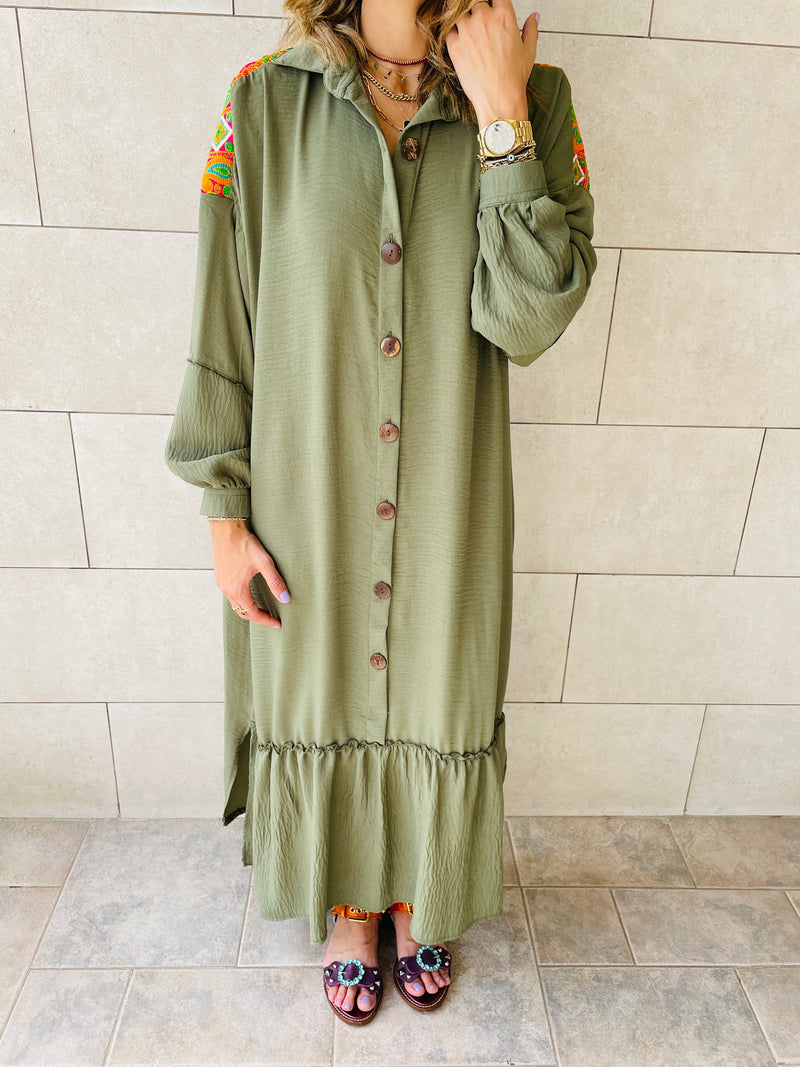 Olive Embellished Back Smock Dress