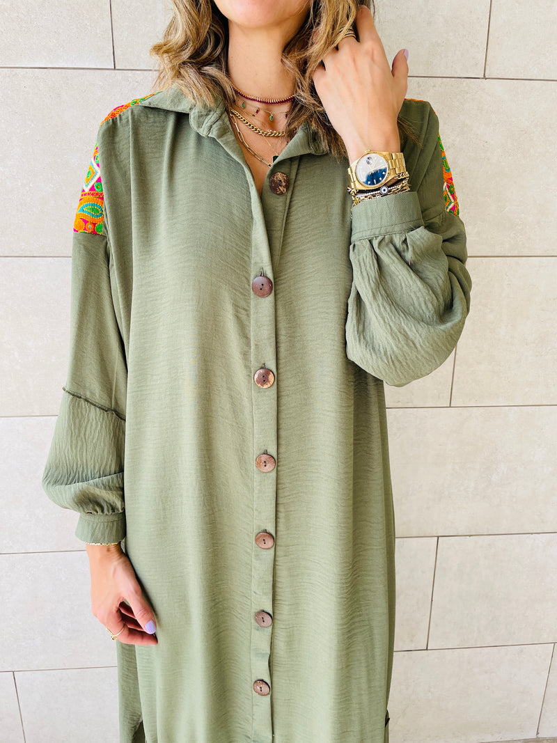 Olive Embellished Back Smock Dress