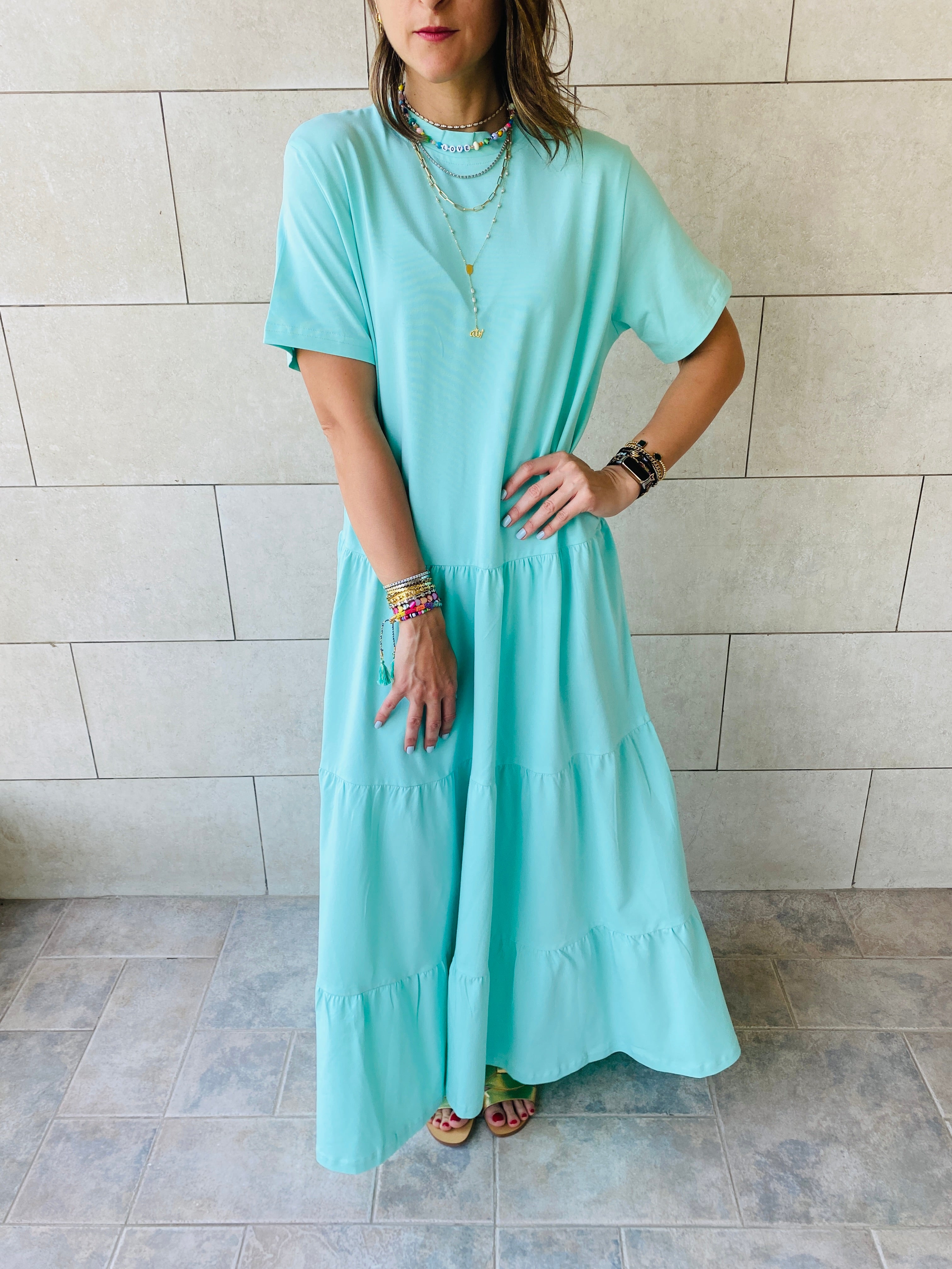 Aqua Long Tiered Dress