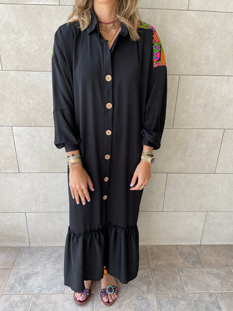 Black Embellished Back Smock Dress