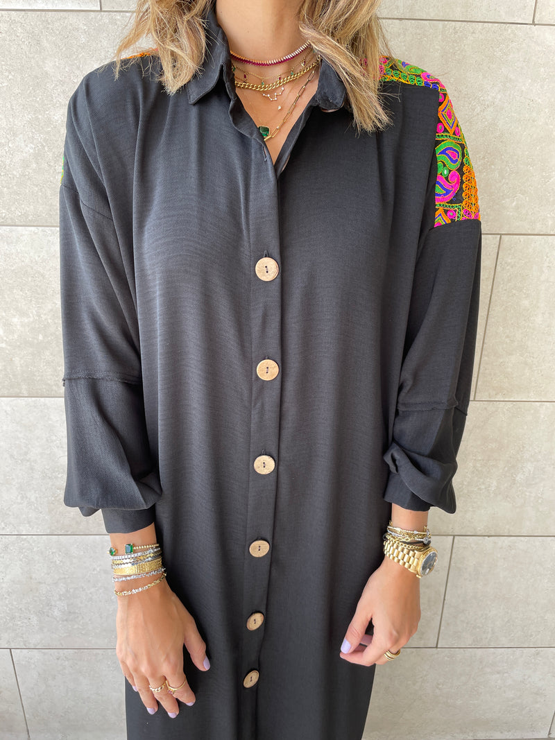 Black Embellished Back Smock Dress