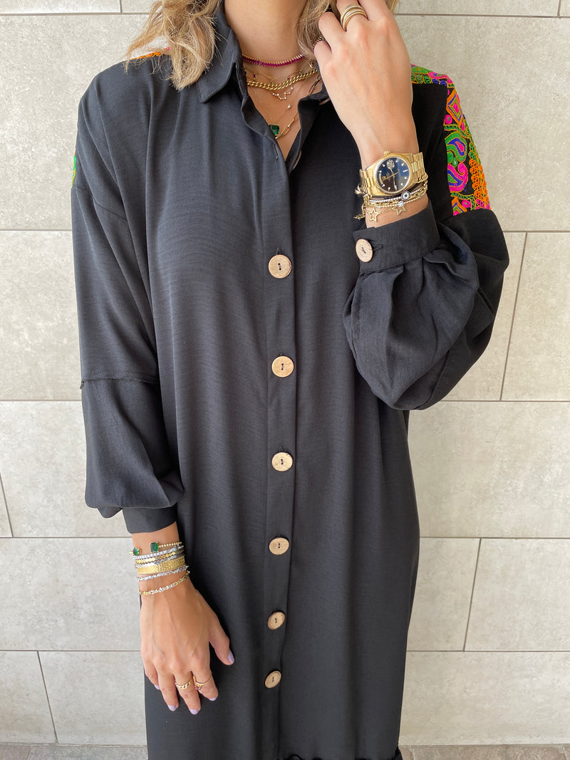 Black Embellished Back Smock Dress