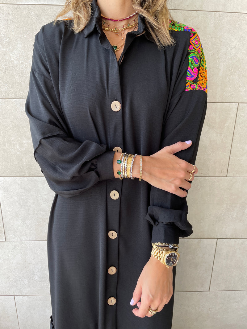 Black Embellished Back Smock Dress