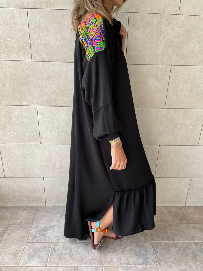 Black Embellished Back Smock Dress