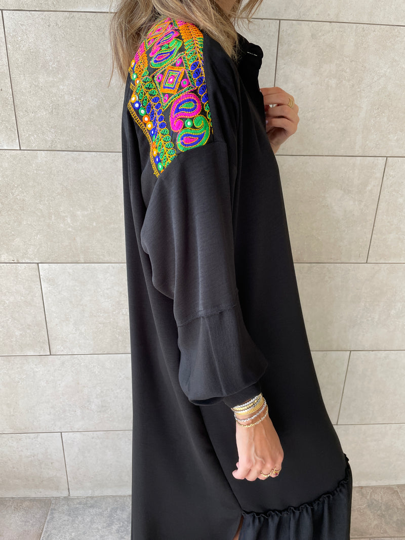 Black Embellished Back Smock Dress