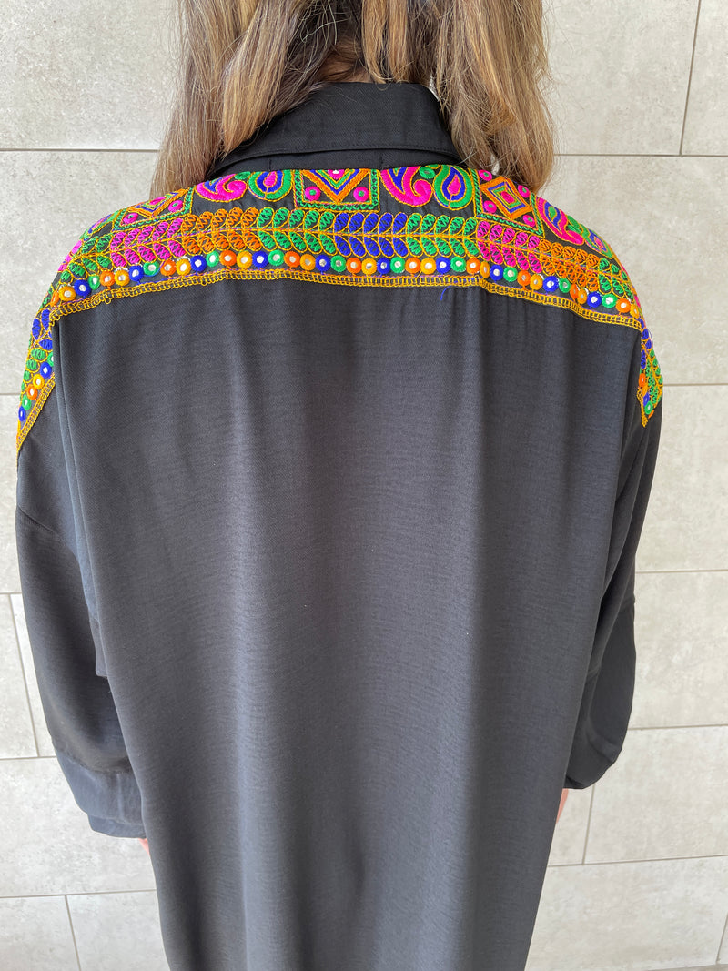 Black Embellished Back Smock Dress