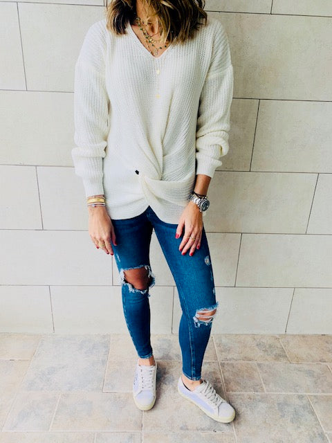 White Front Knot Pullover