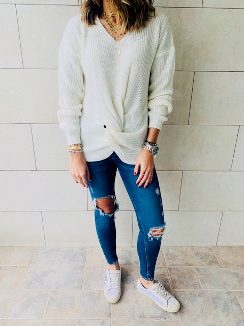 White Front Knot Pullover
