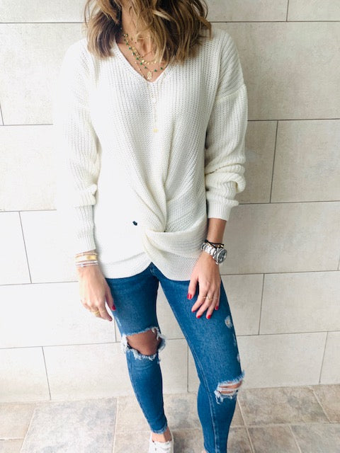 White Front Knot Pullover