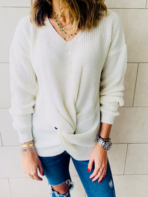 White Front Knot Pullover