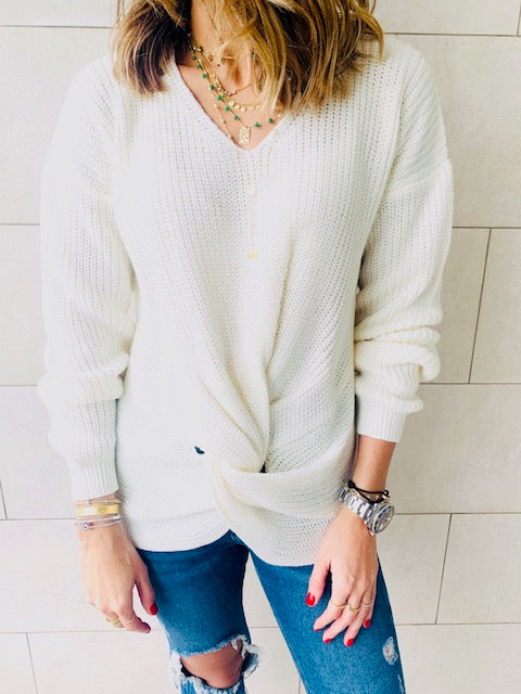 White Front Knot Pullover