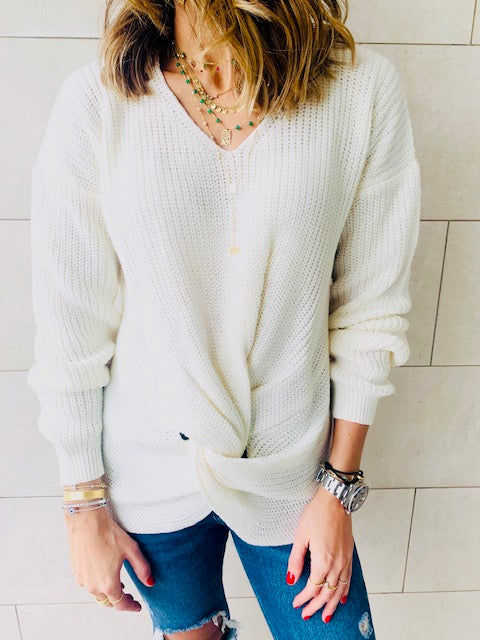 White Front Knot Pullover