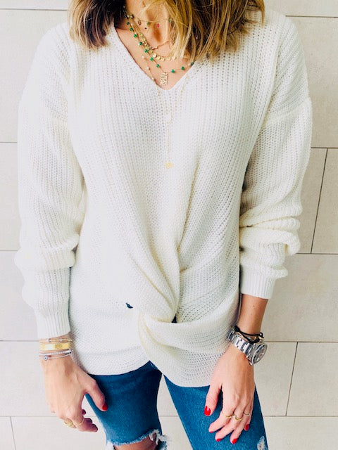 White Front Knot Pullover