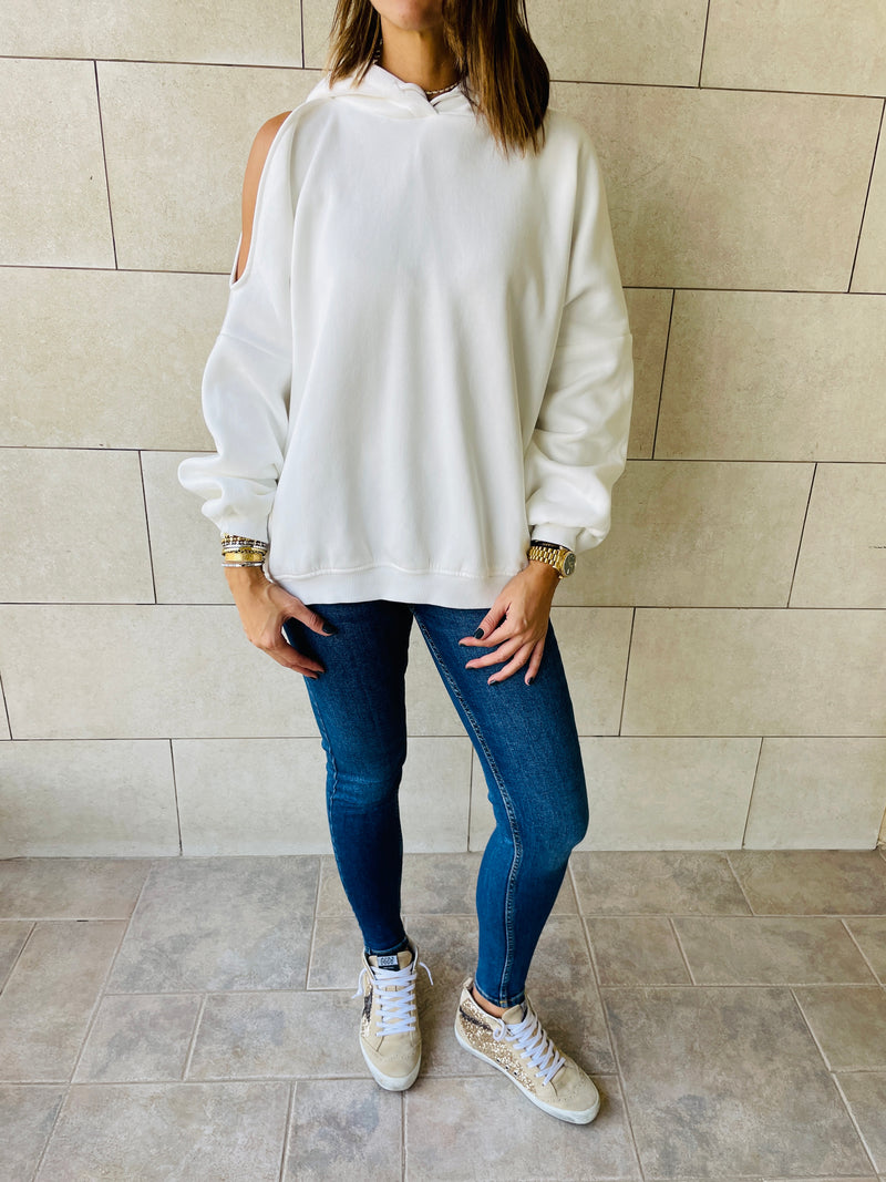 White One Shoulder Hoodie
