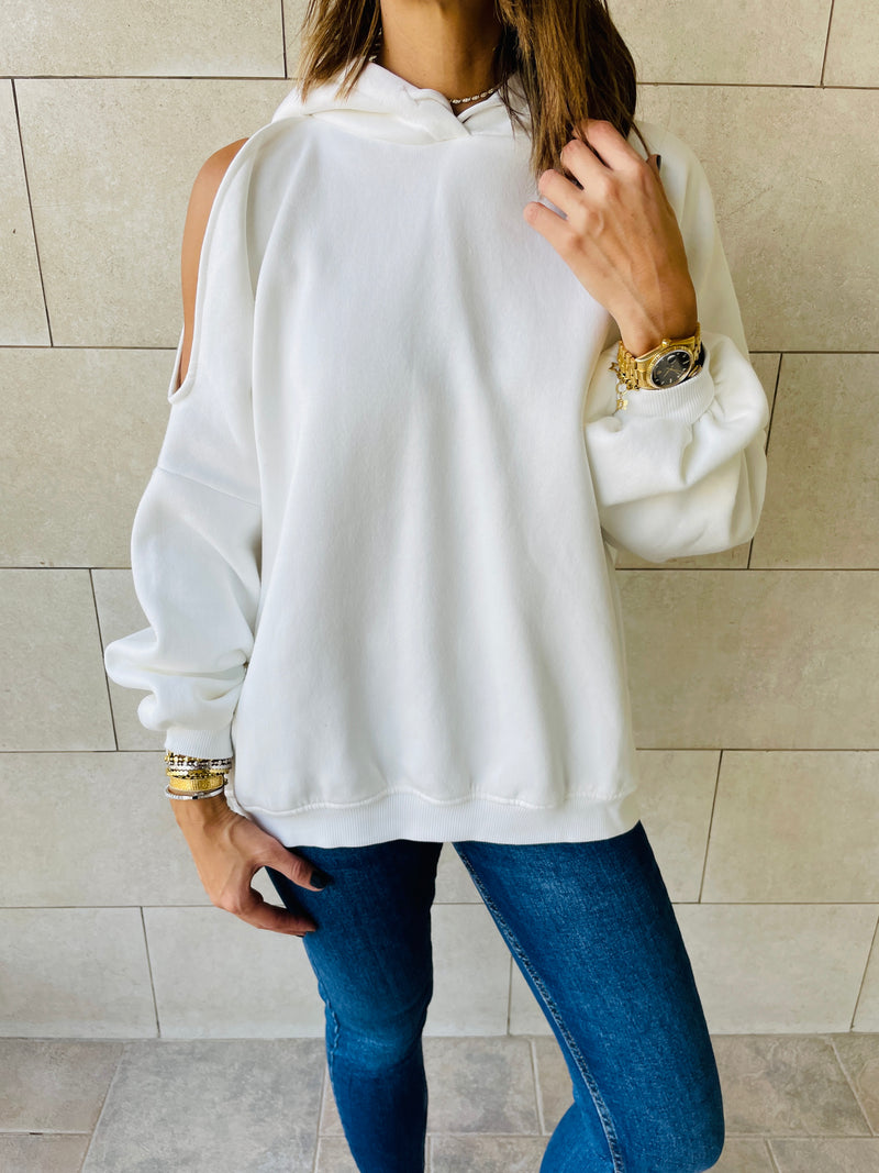 White One Shoulder Hoodie