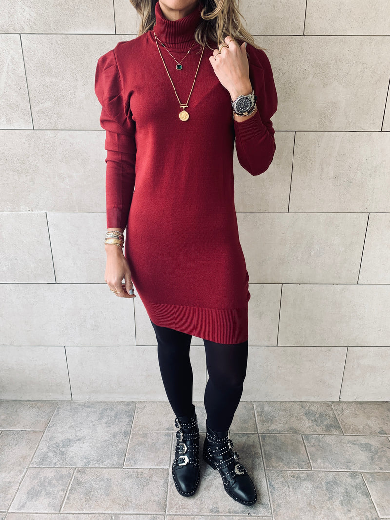 Burgundy High Neck Knit Dress