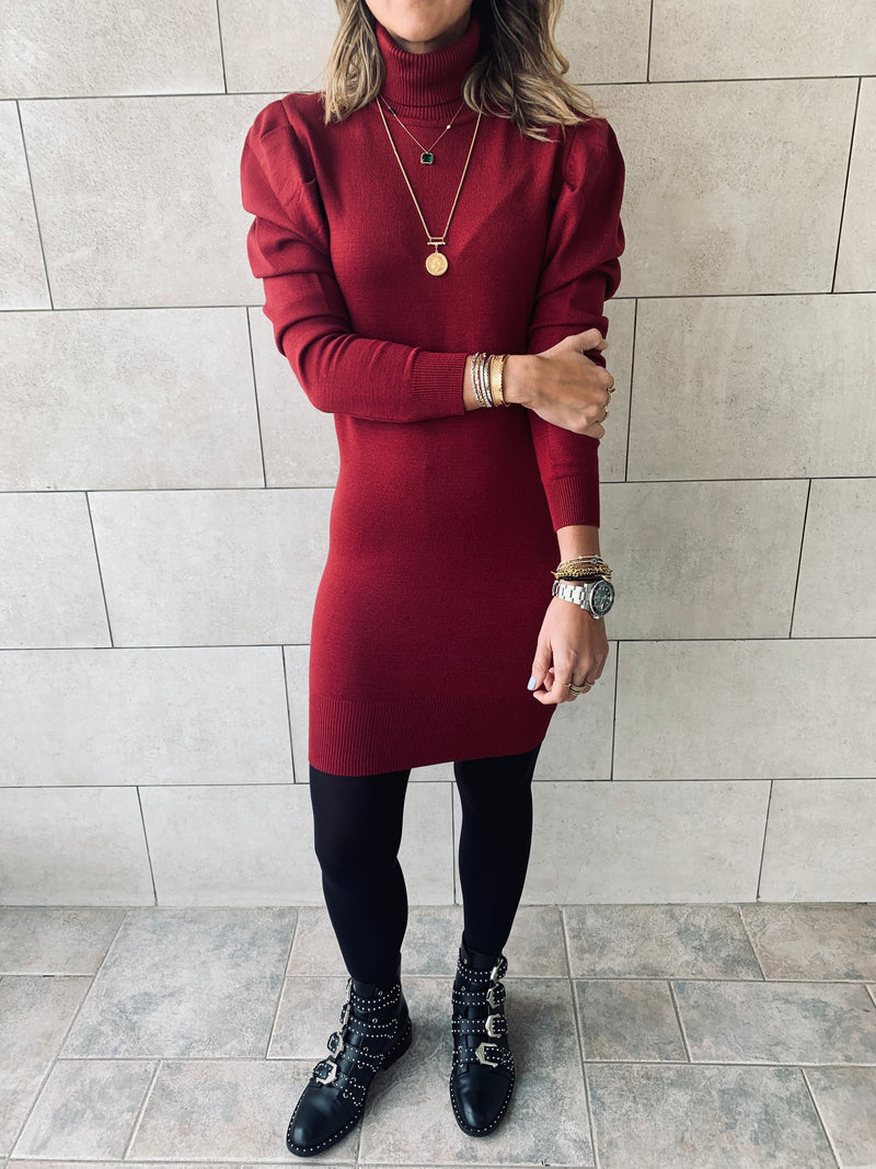 Burgundy High Neck Knit Dress