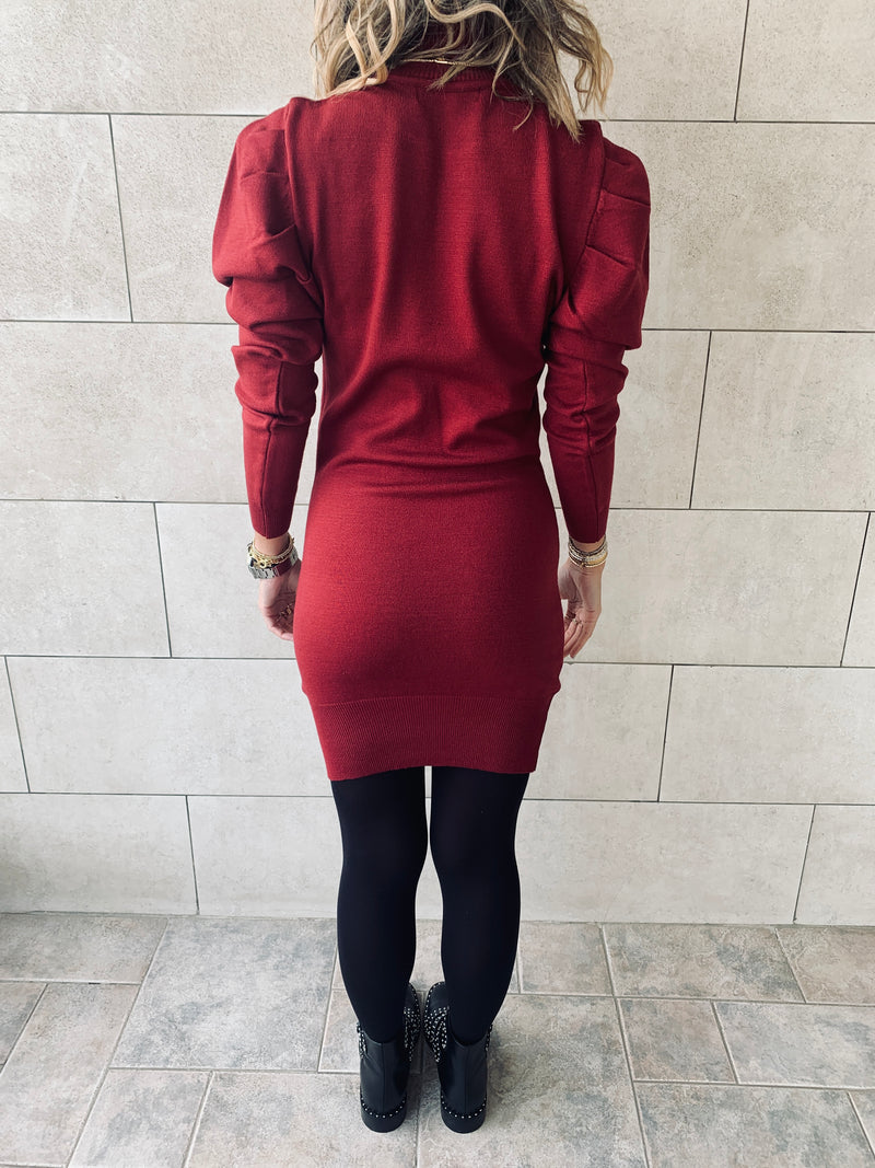 Burgundy High Neck Knit Dress