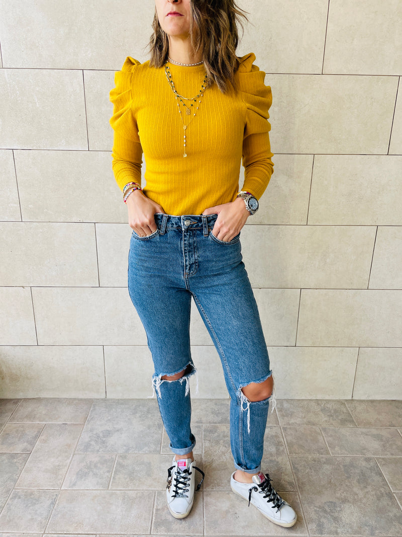 Mustard Feather Knit Top