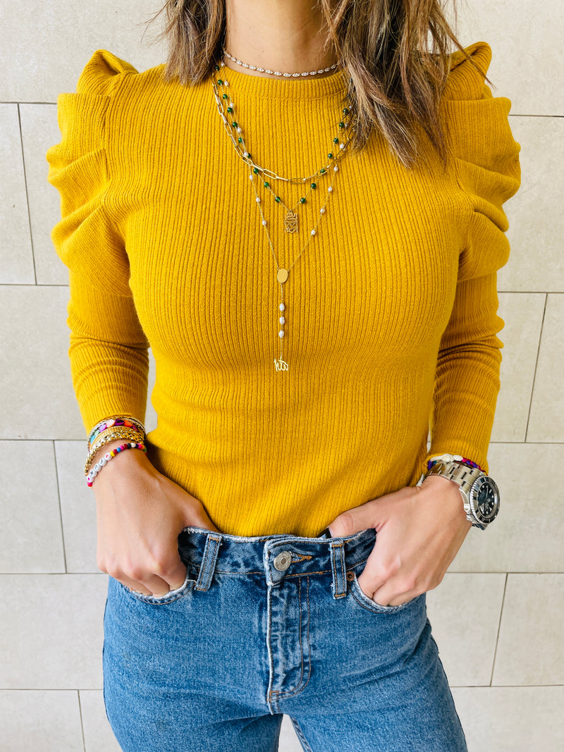 Mustard Feather Knit Top
