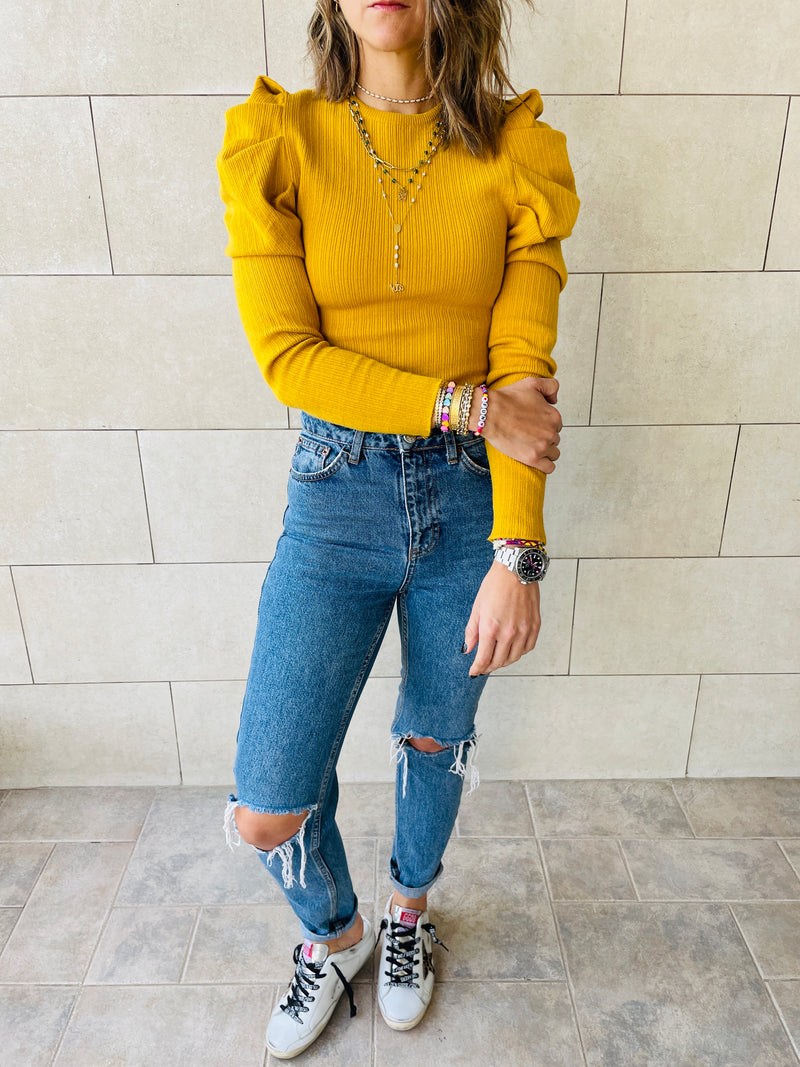 Mustard Feather Knit Top
