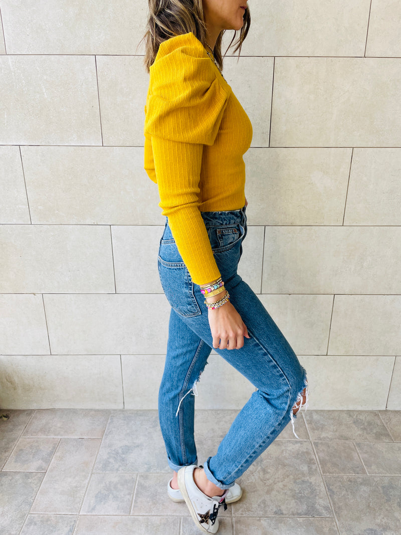 Mustard Feather Knit Top