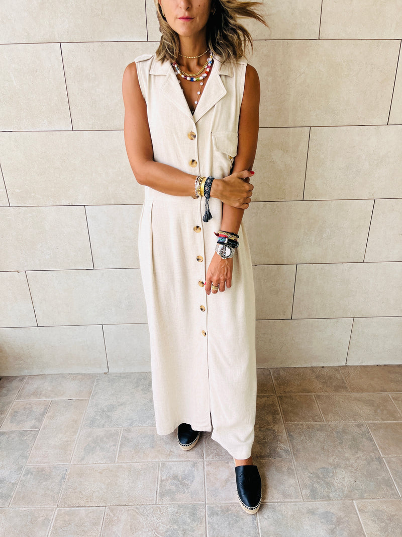 Beige Sleeveless Linen City Dress