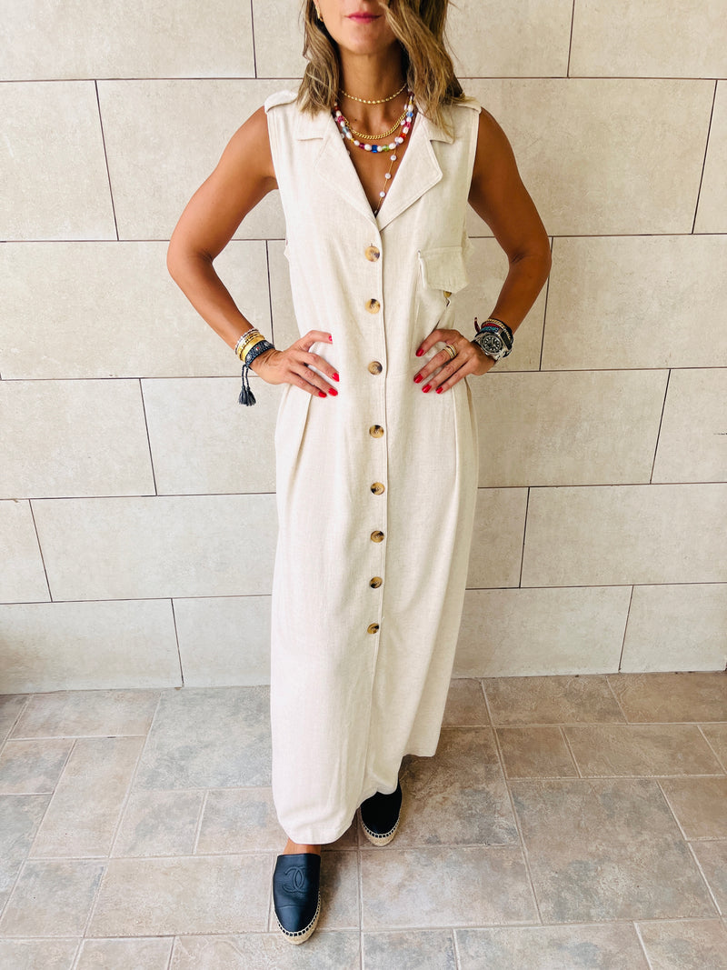 Beige Sleeveless Linen City Dress