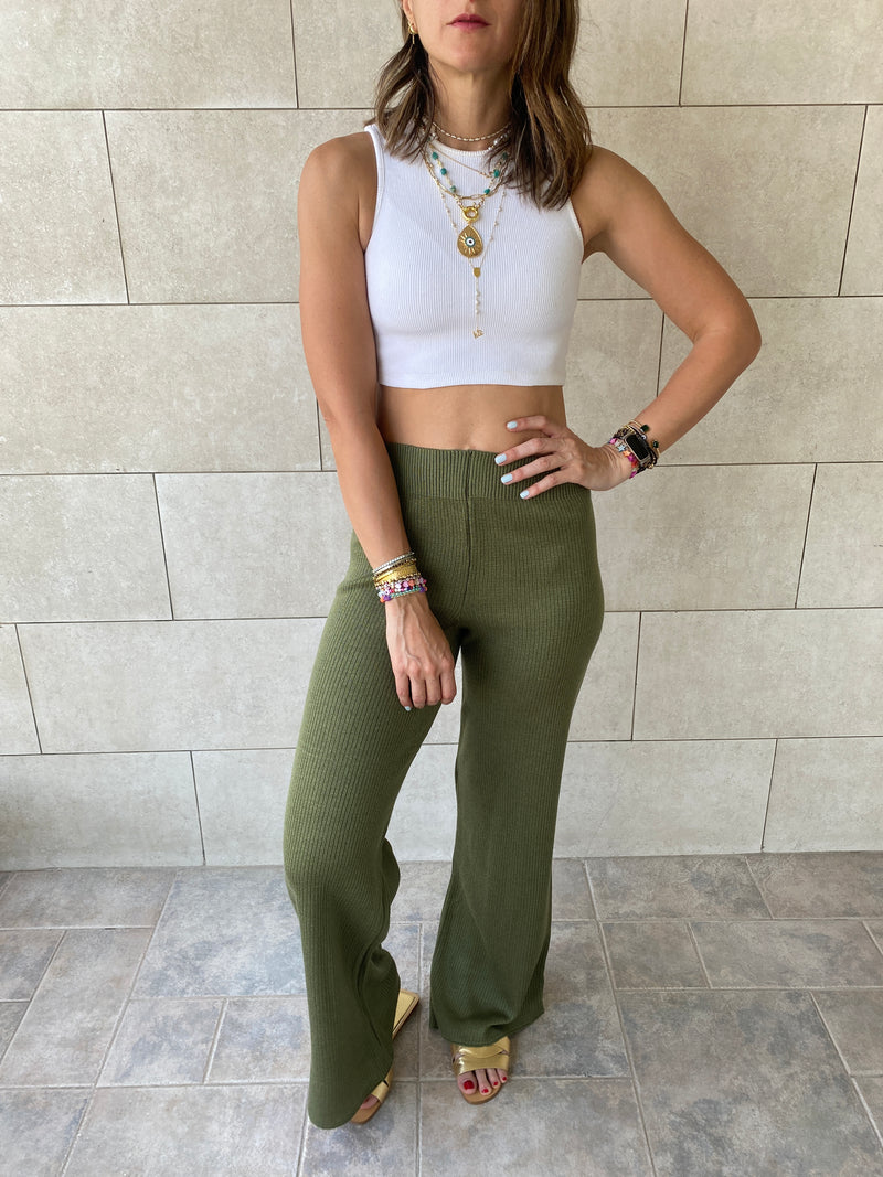 Olive Knit Flare Pants
