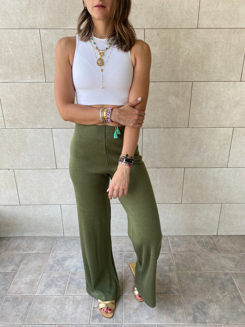 Olive Knit Flare Pants