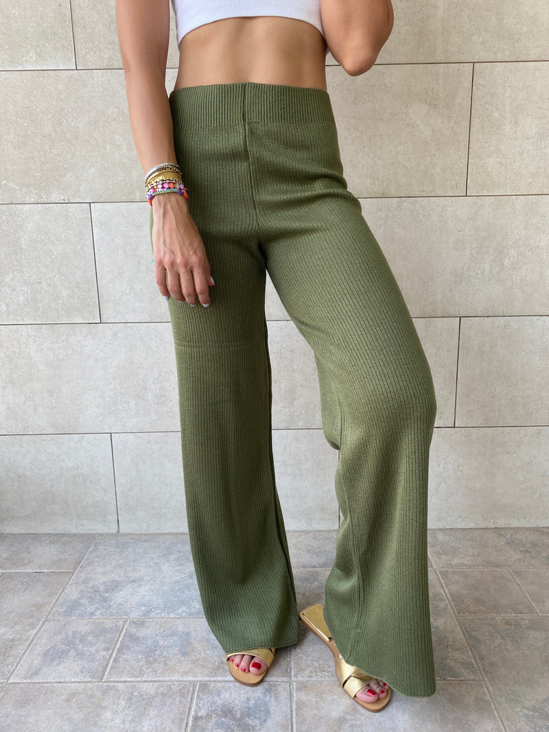 Olive Knit Flare Pants