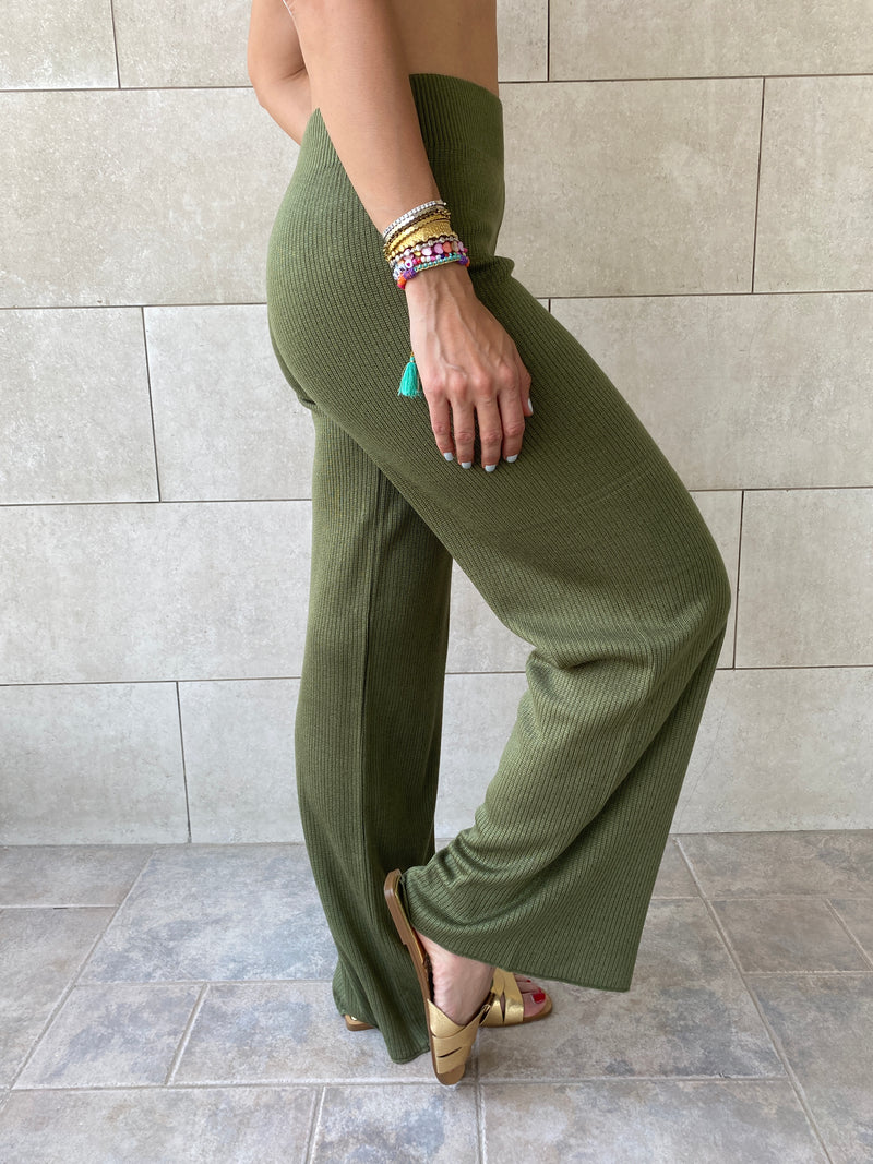 Olive Knit Flare Pants